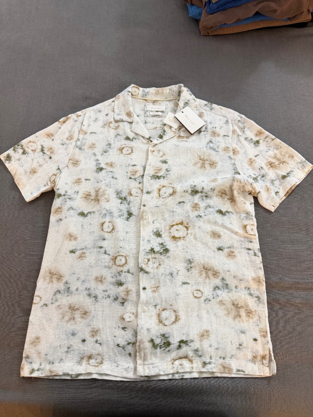 Porter & Ash Men’s Linen Blend Camp Collar Shirt Small Cream Green Brown